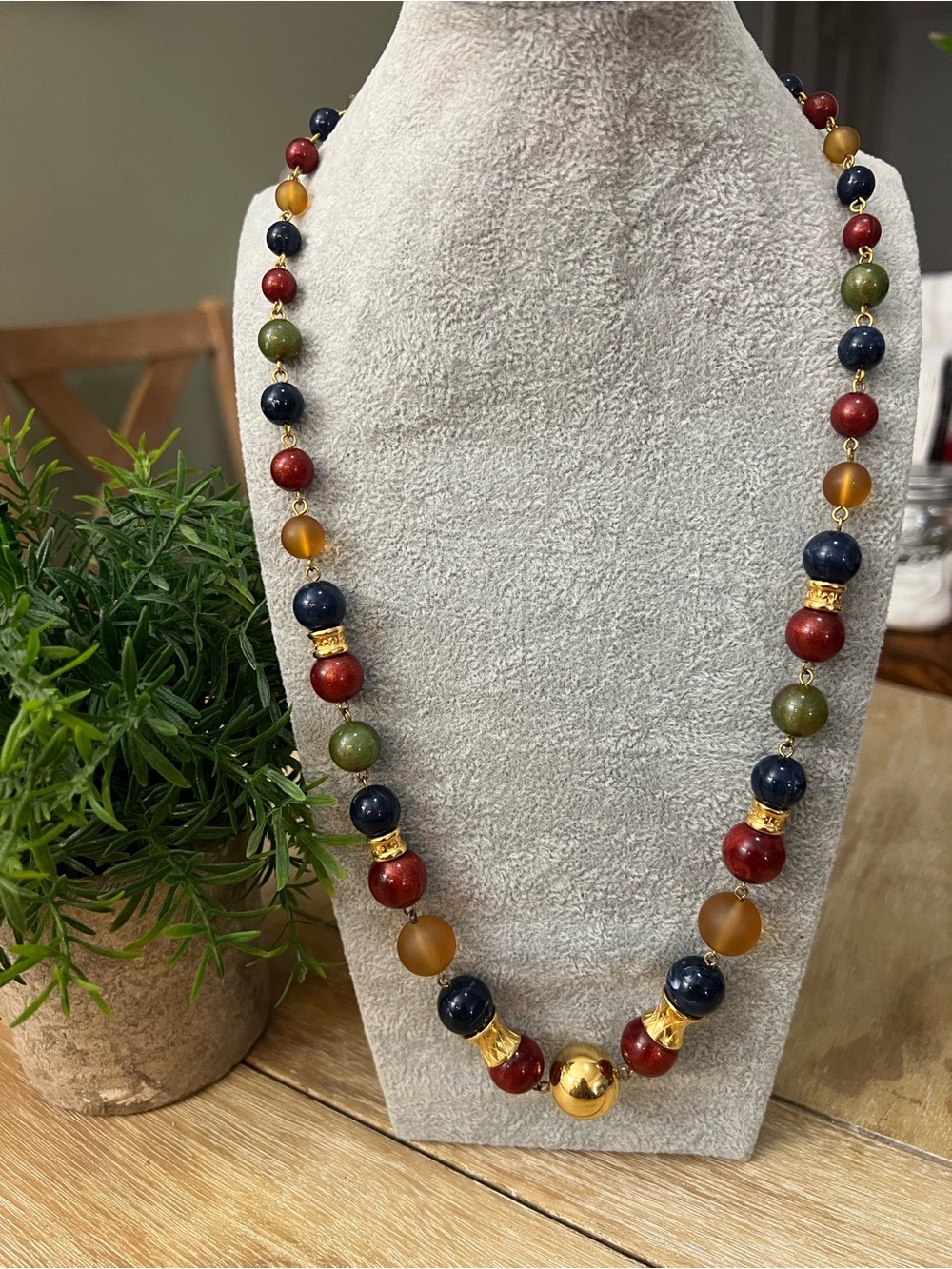 Multi-Color Beaded Statement Necklace - Gold Accents, 24 inches
